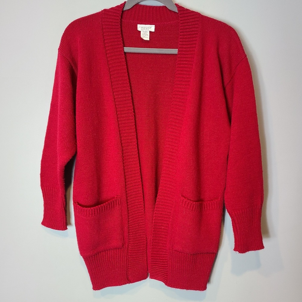 Vtg CARRIAGE COURT Sweater Cardigan Women Size Large 90s Preppy Jewel Tone Red